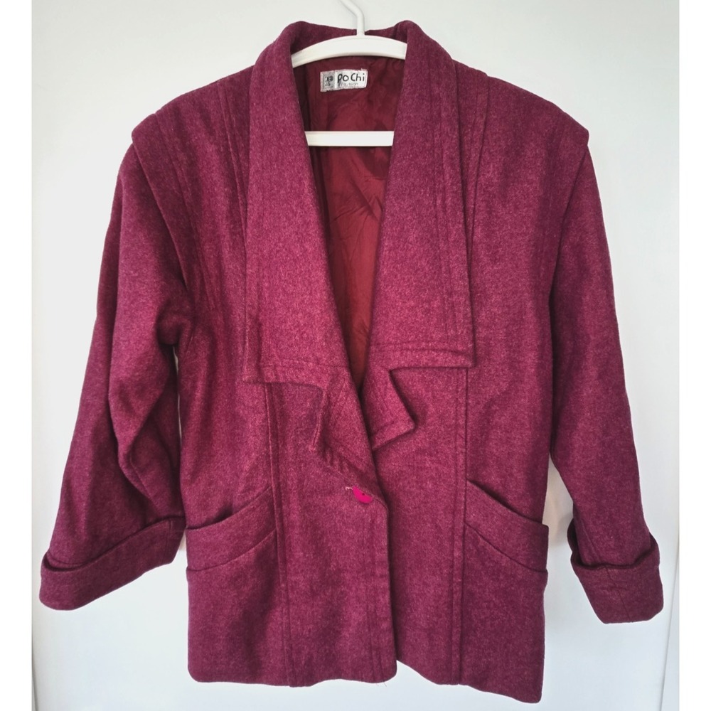 Lovely Vintage Wool Blend Boucle Blazer Jacket Burgundy Broad Shoulders Retro‎